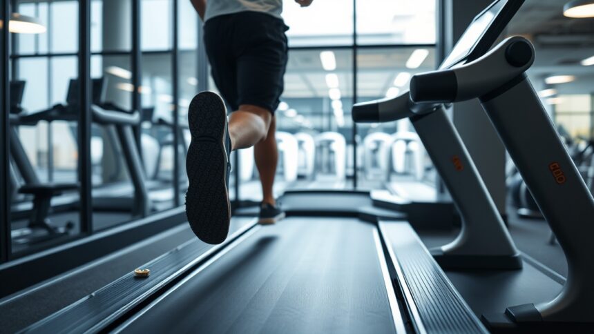 Futópadon edző ember, háttérben modern edzőterem