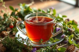 Gyűjtővanyfű tea csésze friss gyógynövényekkel körülvéve.