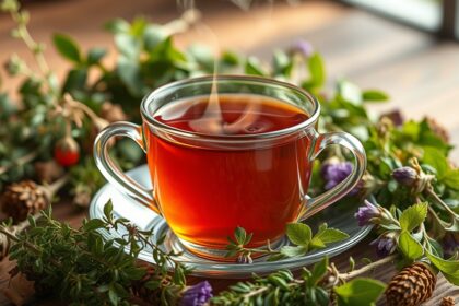 Gyűjtővanyfű tea csésze friss gyógynövényekkel körülvéve.