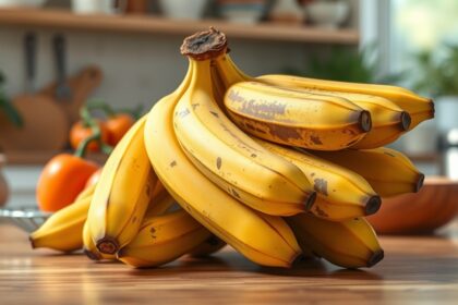 Túlérlelt banánok az asztalon, friss és színes konyhai környezetben