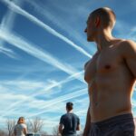 Fiatal férfi a chemtrail-ek alatt, akik az égre néznek.