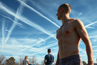 Fiatal férfi a chemtrail-ek alatt, akik az égre néznek.