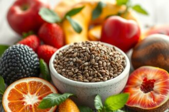 Chia mag egy tálban sok friss gyümölcs között.