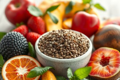 Chia mag egy tálban sok friss gyümölcs között.