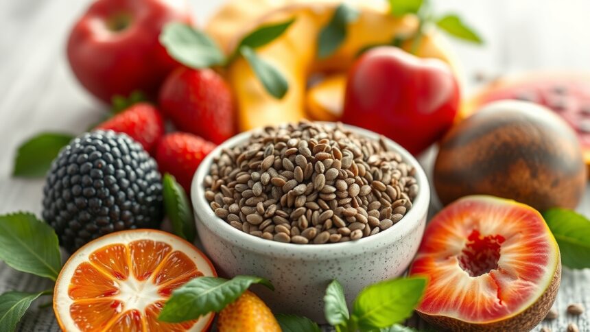 Chia mag egy tálban sok friss gyümölcs között.