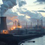 Ipari üzem füstjelekkel és vízparttal, környezeti hatásokkal.