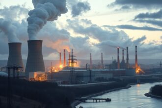 Ipari üzem füstjelekkel és vízparttal, környezeti hatásokkal.