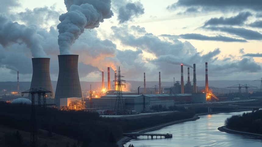 Ipari üzem füstjelekkel és vízparttal, környezeti hatásokkal.