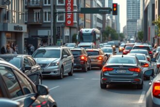Forgalmi dugó városi környezetben, különböző autókkal