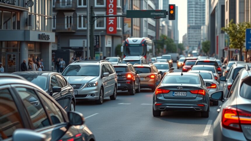 Forgalmi dugó városi környezetben, különböző autókkal