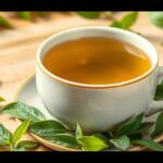 Zöld tea friss levelek között, egészségmegőrző hatású ital.