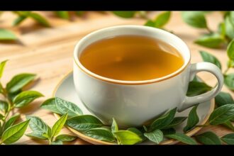 Zöld tea friss levelek között, egészségmegőrző hatású ital.