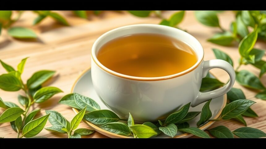 Zöld tea friss levelek között, egészségmegőrző hatású ital.