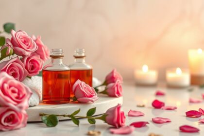 Rózsaolaj és friss rózsák bőrápoláshoz és aromaterápiához.