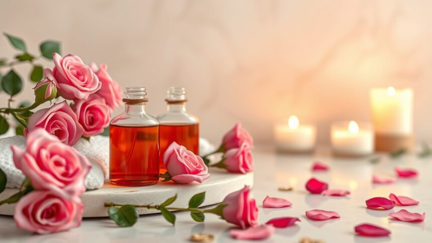 Rózsaolaj és friss rózsák bőrápoláshoz és aromaterápiához.