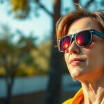 Nő napszemüvegben, polarizált fény hatásának felfedezése közben.