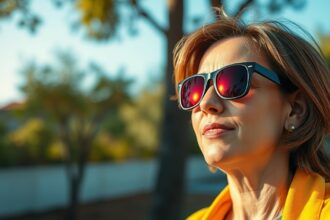 Nő napszemüvegben, polarizált fény hatásának felfedezése közben.