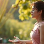 Hasi légzési gyakorlatot végző nő a természetben