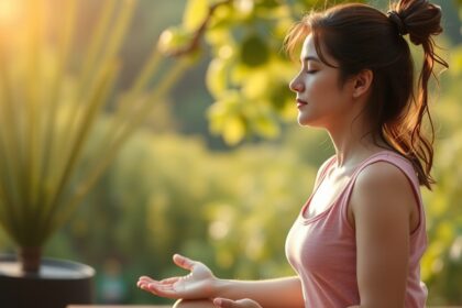 Hasi légzési gyakorlatot végző nő a természetben