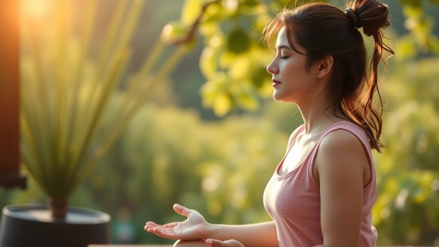 Hasi légzési gyakorlatot végző nő a természetben