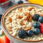 Tál zabpehely friss gyümölcsökkel és diófélékkel