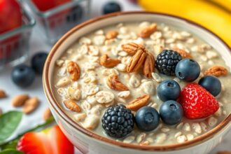Tál zabpehely friss gyümölcsökkel és diófélékkel