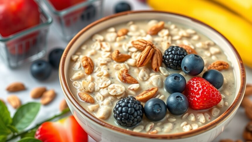 Tál zabpehely friss gyümölcsökkel és diófélékkel