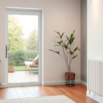 Modern elektromos fűtés a világos nappaliban növényekkel és radiátorokkal.