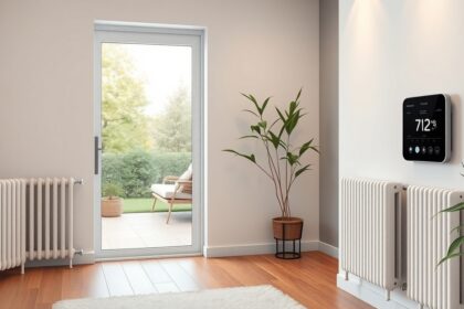 Modern elektromos fűtés a világos nappaliban növényekkel és radiátorokkal.