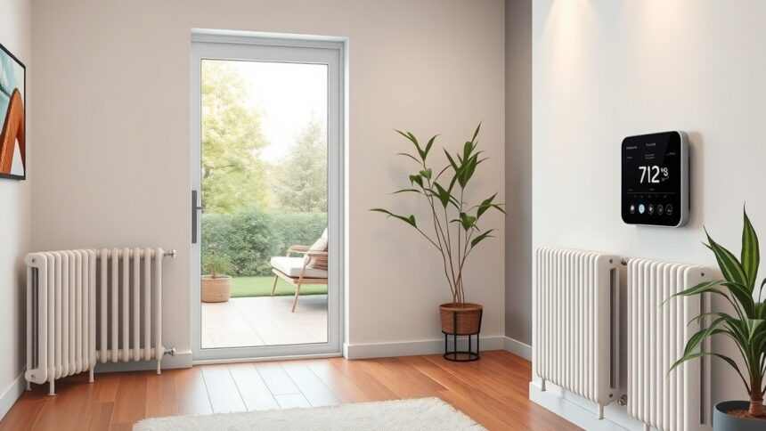 Modern elektromos fűtés a világos nappaliban növényekkel és radiátorokkal.