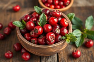 Friss tőzegáfonya egy fából készült tálban, egészséges táplálkozás.