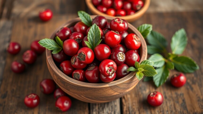 Friss tőzegáfonya egy fából készült tálban, egészséges táplálkozás.