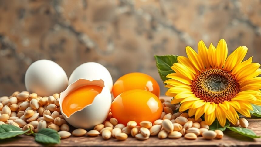 Friss tojások, napraforgó és pisztácia a lecitin jótékony hatásaival