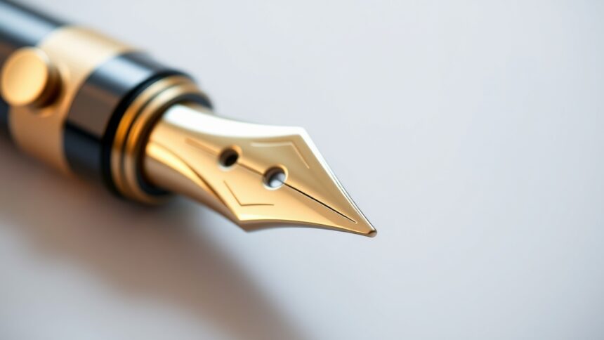 Közeli kép egy elegáns töltőtoll hegyéről, amely a precíz írást biztosítja.