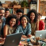 Csoport fiatal emberek alkotás közben egy kreatív munkaterületen.