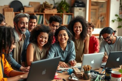 Csoport fiatal emberek alkotás közben egy kreatív munkaterületen.