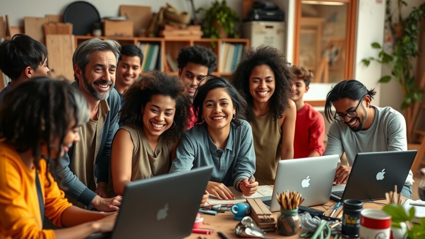 Csoport fiatal emberek alkotás közben egy kreatív munkaterületen.