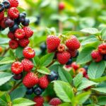 Bogyós gyümölcsök, például málna és áfonya zöld leveleken