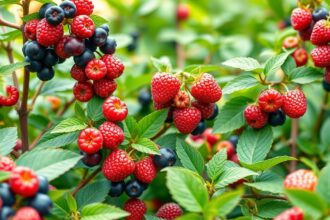 Bogyós gyümölcsök, például málna és áfonya zöld leveleken