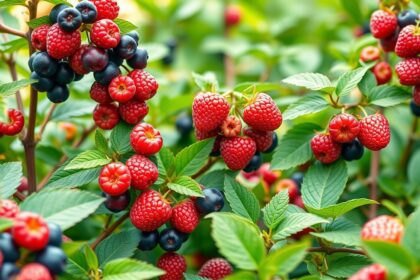 Bogyós gyümölcsök, például málna és áfonya zöld leveleken