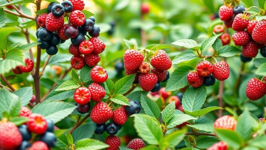 Bogyós gyümölcsök, például málna és áfonya zöld leveleken