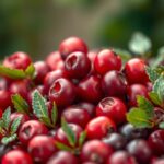 Friss tőzegáfonya bogyók, zöld levelekkel körülvéve.