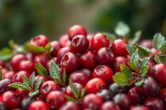 Friss tőzegáfonya bogyók, zöld levelekkel körülvéve.