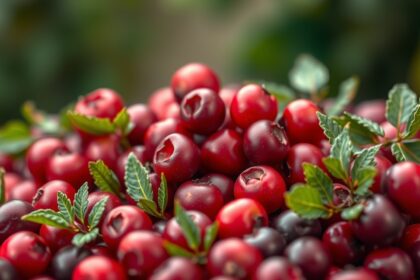 Friss tőzegáfonya bogyók, zöld levelekkel körülvéve.
