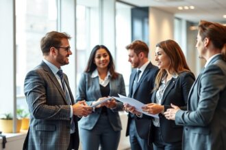 Cégvezetők és munkatársak együttműködnek az irodában