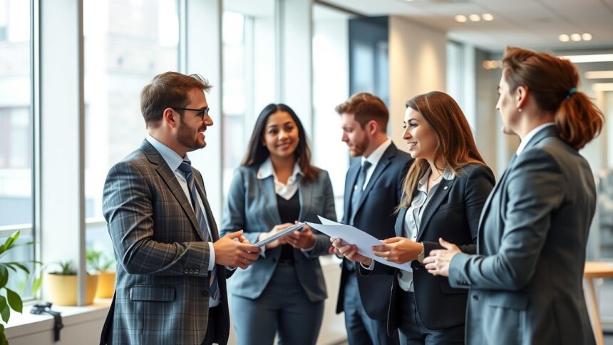Cégvezetők és munkatársak együttműködnek az irodában