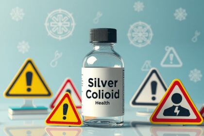 Ezüst kolloid üvegpalack figyelmeztető táblák között