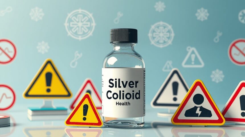 Ezüst kolloid üvegpalack figyelmeztető táblák között