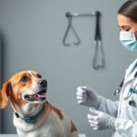 Kutyát állatorvos vizsgál meg antibiotikum kezelés előtt.