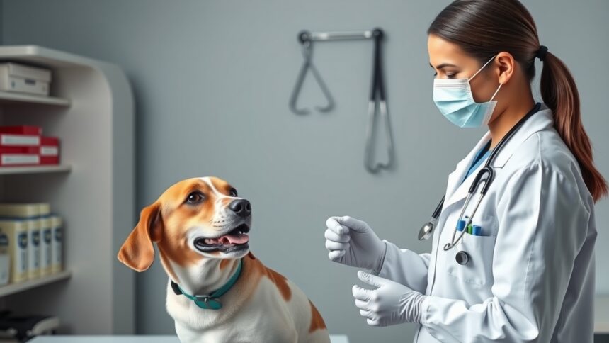 Kutyát állatorvos vizsgál meg antibiotikum kezelés előtt.